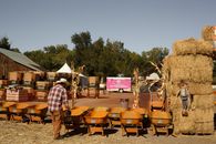 A vibrant fall farm market with wheelbarrows, hay bales, and a donut stand in the background.
