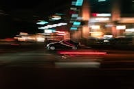 动态的城市场景捕捉到一辆在夜间超速行驶的汽车，画面带有运动模糊和充满活力的城市灯光