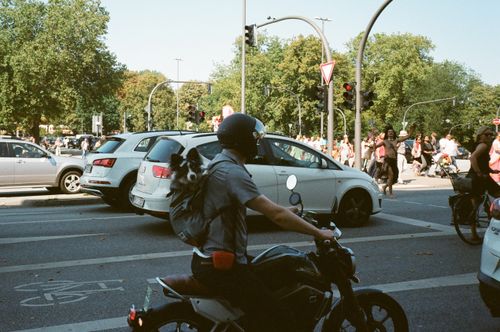 Free Motorcyclist carrying a dog in a backpack at a busy urban intersection with traffic and pedestrians. Stock Photo