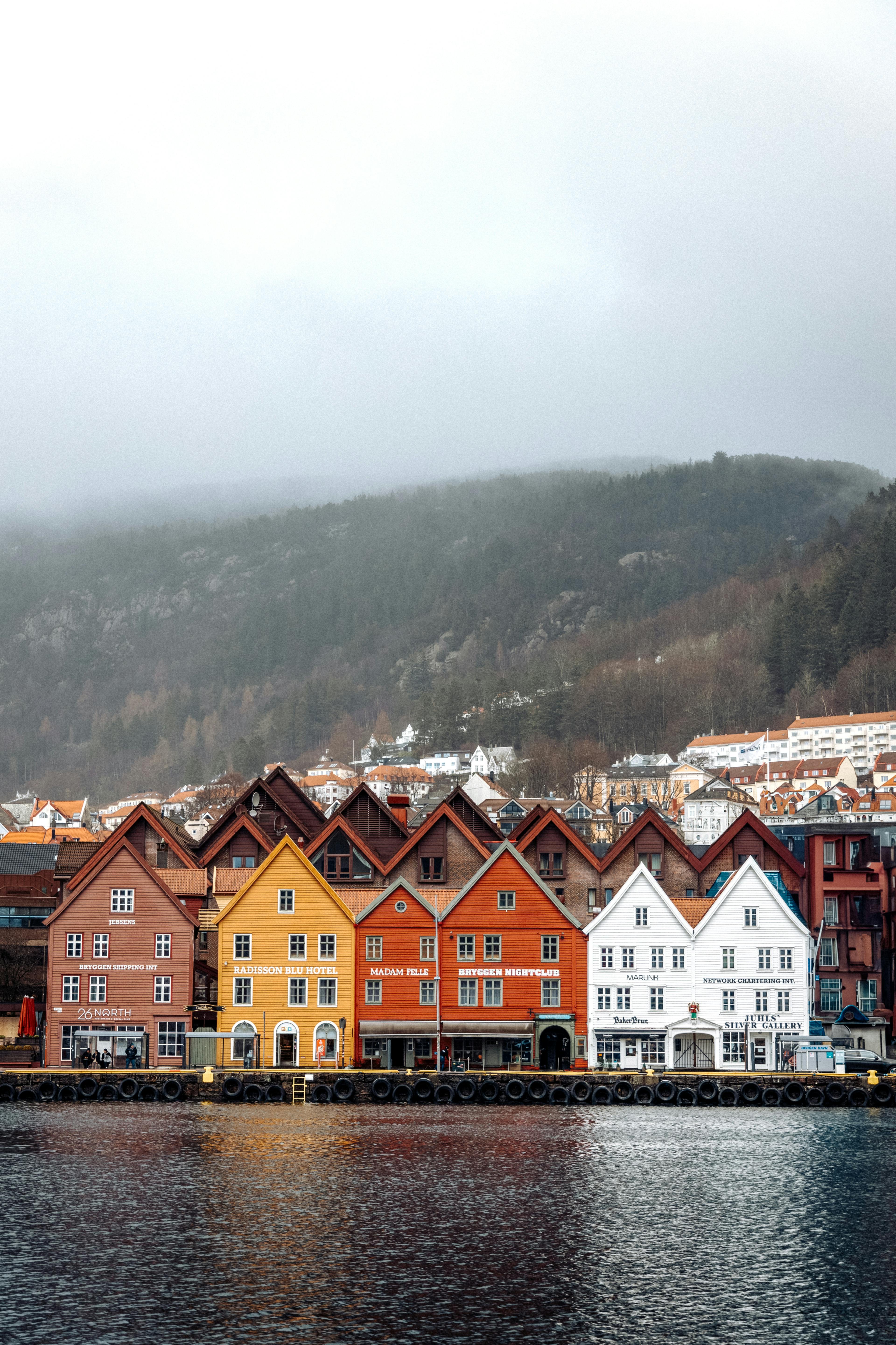 Charming traditional wooden houses in Bergen, Norway by the waterfront.