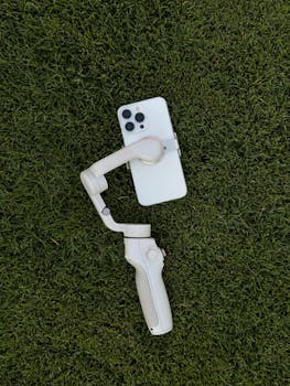 White smartphone attached to a gimbal lying on lush green grass outdoors in Dubai. Perfect for tech themes.