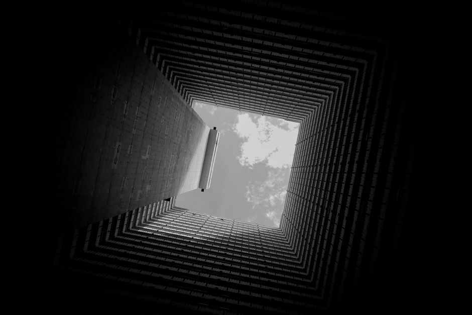 A captivating view of architectural symmetry with striking contrast and geometric precision.