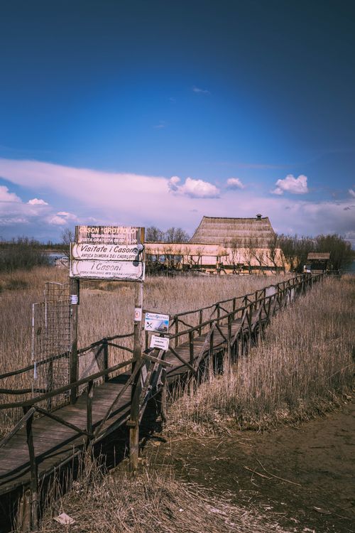 Free Serene landscape featuring a rustic pathway leading to a traditional thatched building in a marshland setting. Stock Photo