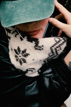 Person wearing winter scarf using a smartphone. Urban, cozy.