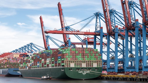 A massive container ship docked at Terminal Burchardkai in Hamburg port, showcasing cargo handling.