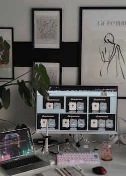 Stylish home office with a dual-monitor coding setup and artistic decor.