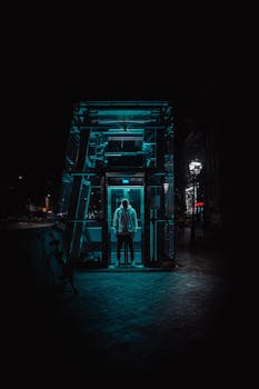 夜晚，阿姆斯特丹的街道上，一个孤独的身影站在明亮的玻璃结构里