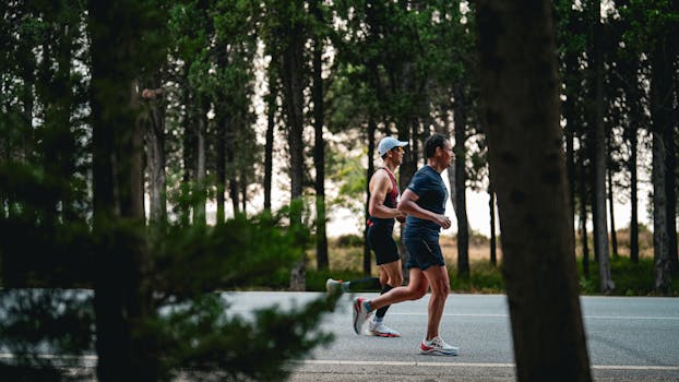 Two adults jogging on a forest road in Gelibolu, Türkiye.