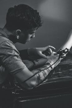 在黑白背景下，一位纹身艺术家正细致地在客户手臂上工作