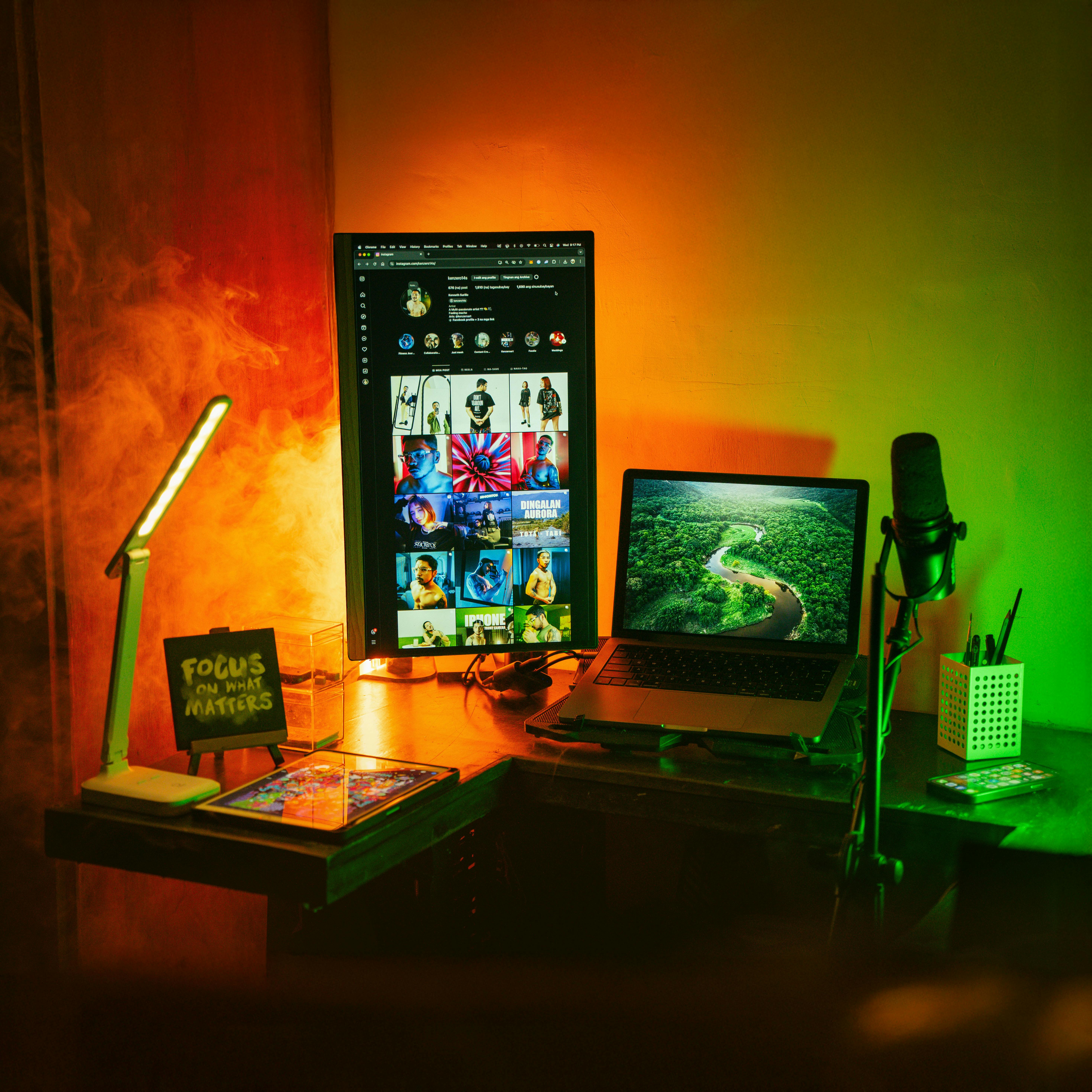 colorful home office with computer setup and lighting