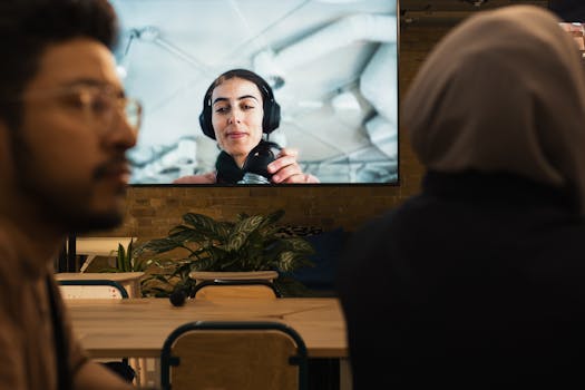 Two people participate in a virtual meeting at a stylish workspace, focused on the screen.