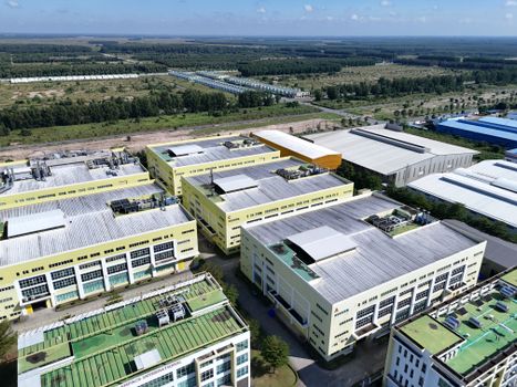 Aerial shot of modern industrial area with warehouses in Bình Dương, Vietnam.