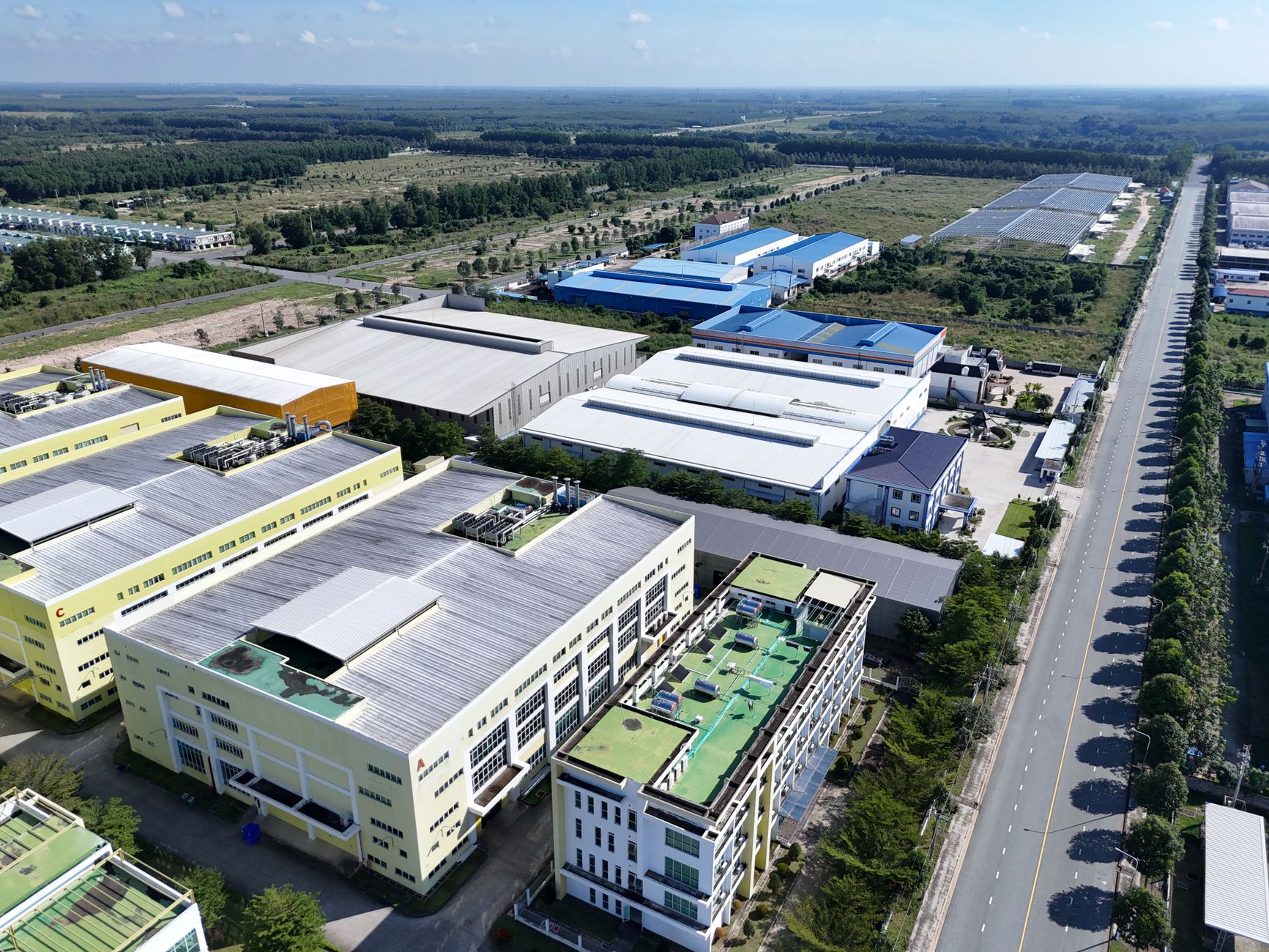 Aerial view of industrial buildings and landscape in Thủ Dầu Một, Bình Dương.