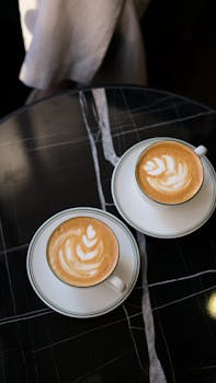 Two cappuccinos with latte art on a marble table in a cozy cafe setting. Perfect coffee break in Istanbul.