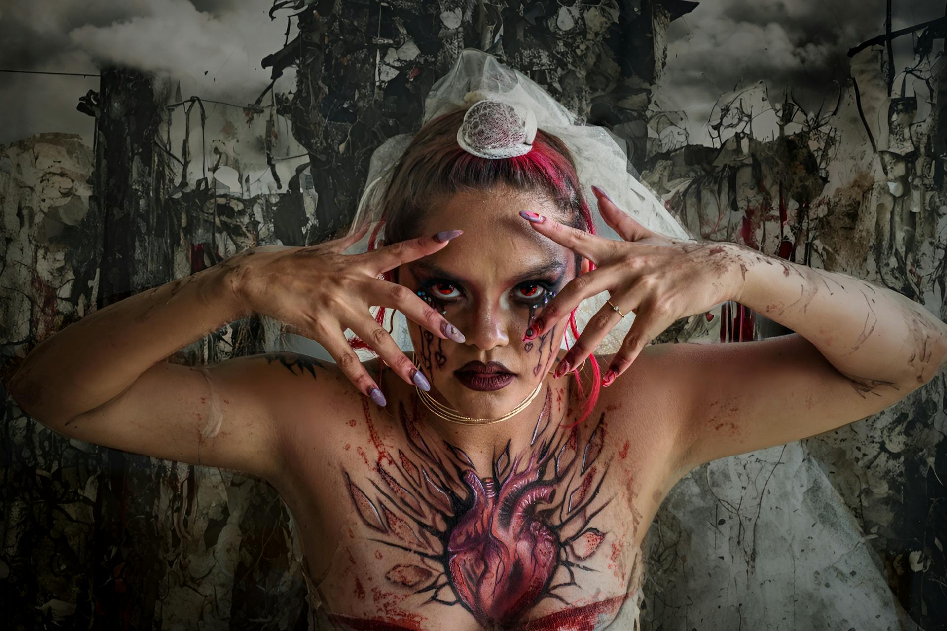 Eerie gothic bride with intense makeup and tattoos in a haunting atmosphere.