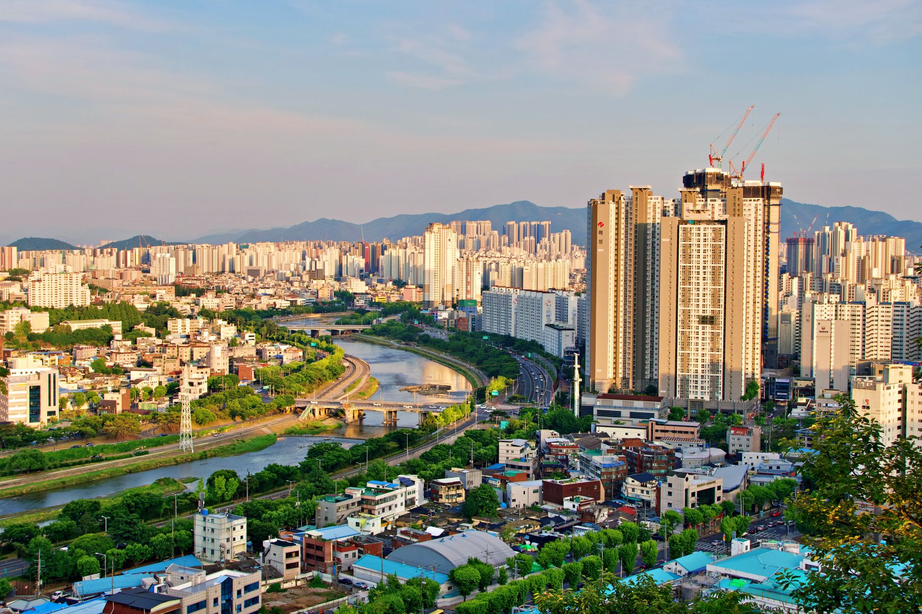 Explore the bustling skyline of Daegu, South Korea, featuring modern architecture and lush greenery.