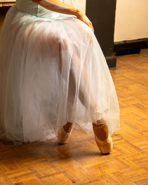 Free Graceful ballet dancer in pointe shoes and tulle skirt sitting elegantly in a studio. Stock Photo