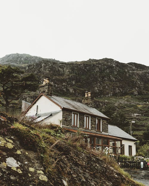 산기슭에 지어진 갈색과 흰색 집