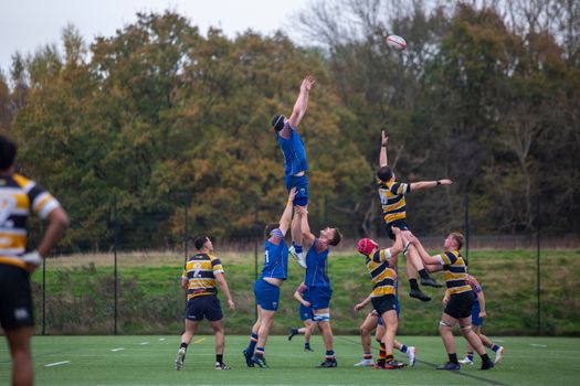 Intense college rugby match showcasing teamwork and athleticism on a vibrant fall day.