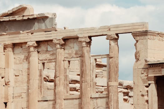 Beautiful ancient columns at the Acropolis in Athens, Greece, UNESCO site.