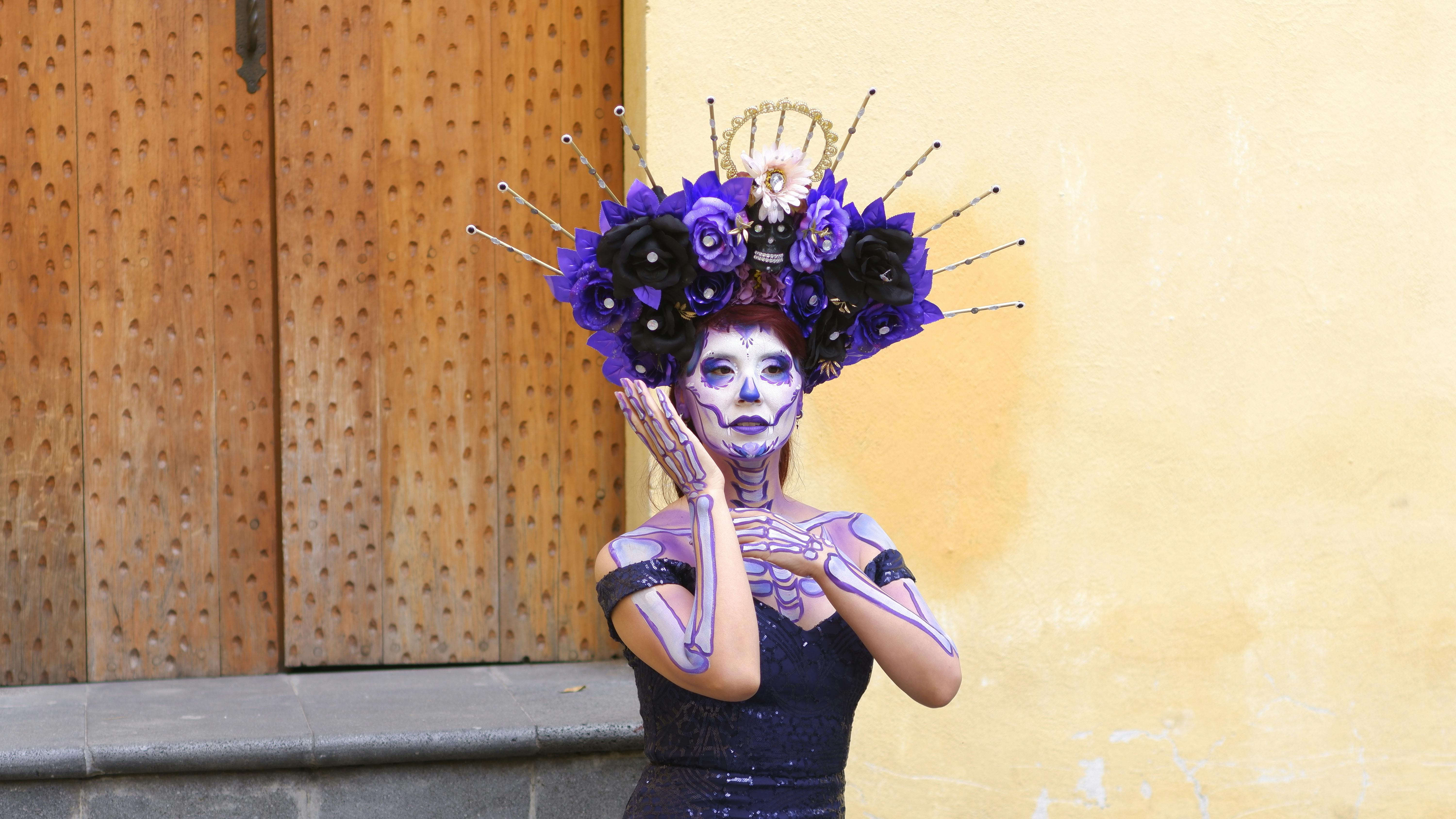 vibrant day of the dead costume in mexico city