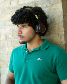 Portrait of a young man wearing headphones and a green shirt, relaxing against a brick wall.