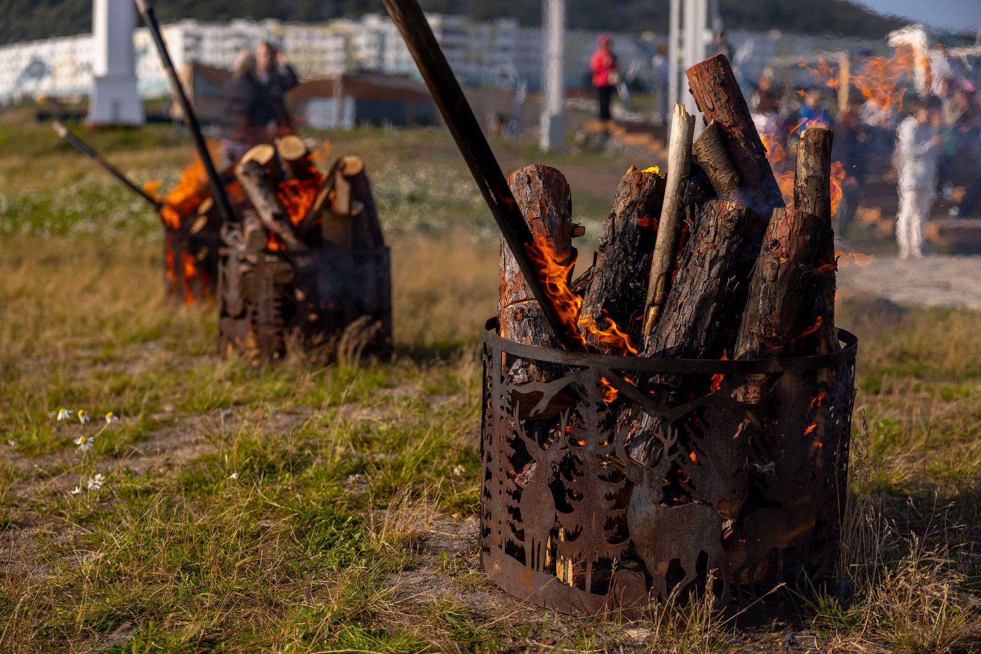 Outdoor bonfire in decorative metal fire pit with blurred people in park in background.