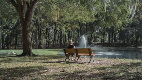 Free Peaceful park scene with a woman on a bench by a pond and fountain in Brooksville, Florida. Stock Photo