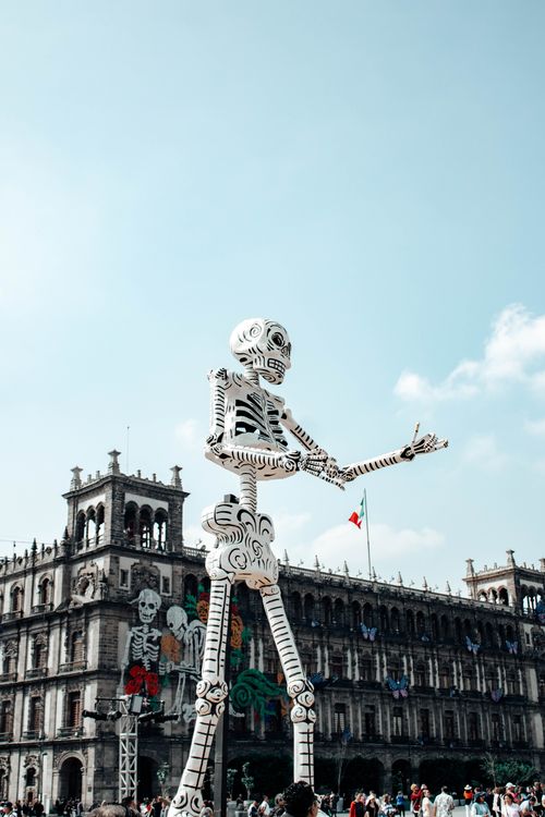Free Large skeleton sculpture in Mexico City's Zócalo for Day of the Dead celebration. Stock Photo