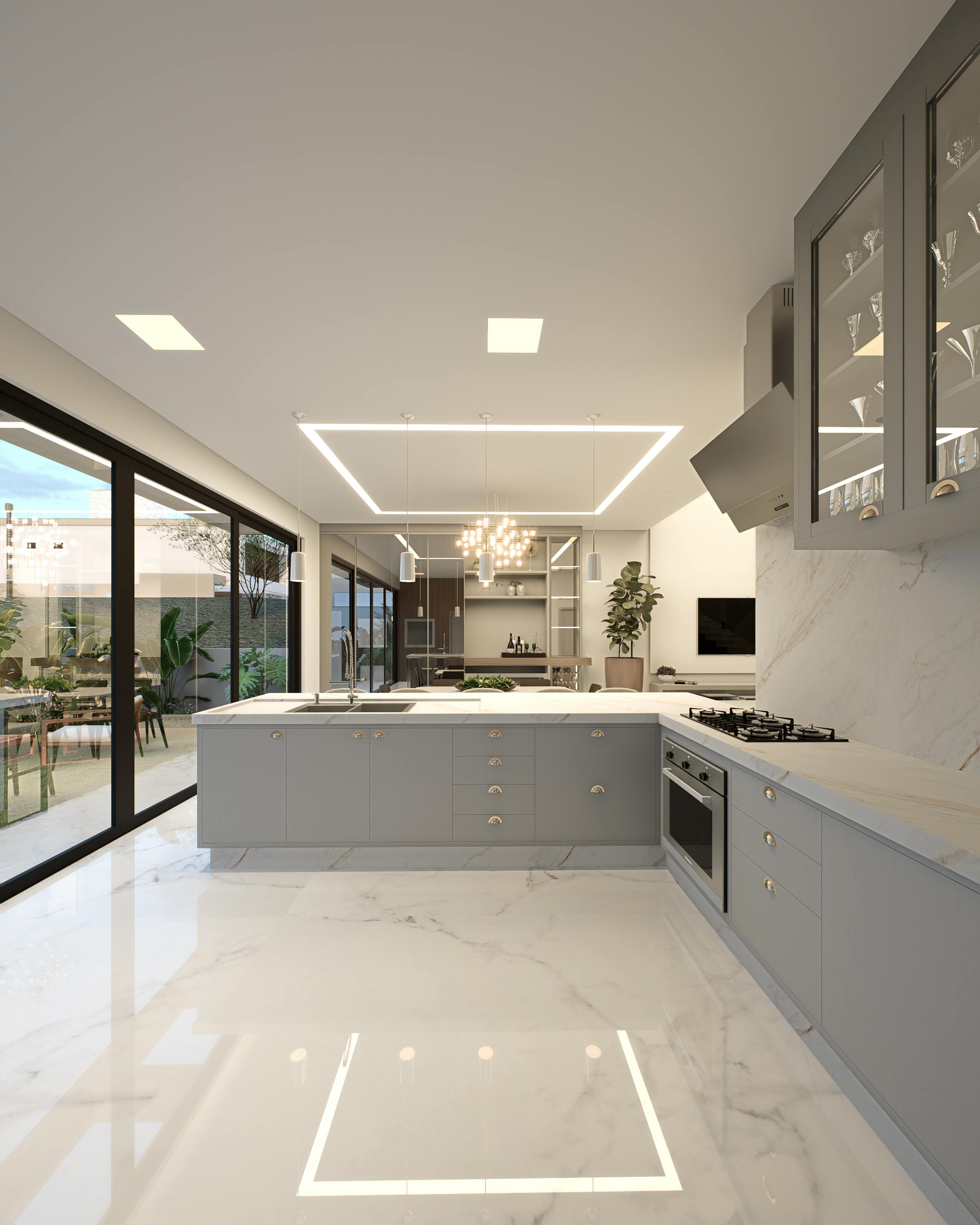 Professional kitchen island with integrated appliances and premium materials