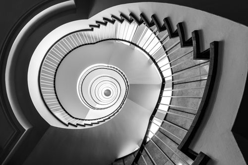 Free Captivating black and white spiral staircase with intricate architectural design in Hamburg. Stock Photo