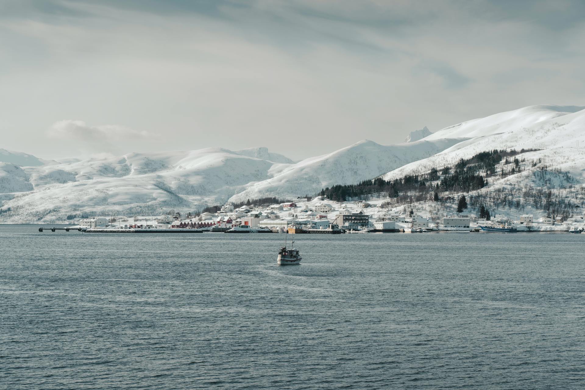 A peaceful winter landscape featuring a boat on a Norwegian fjord with snow-covered mountains and shoreline houses.