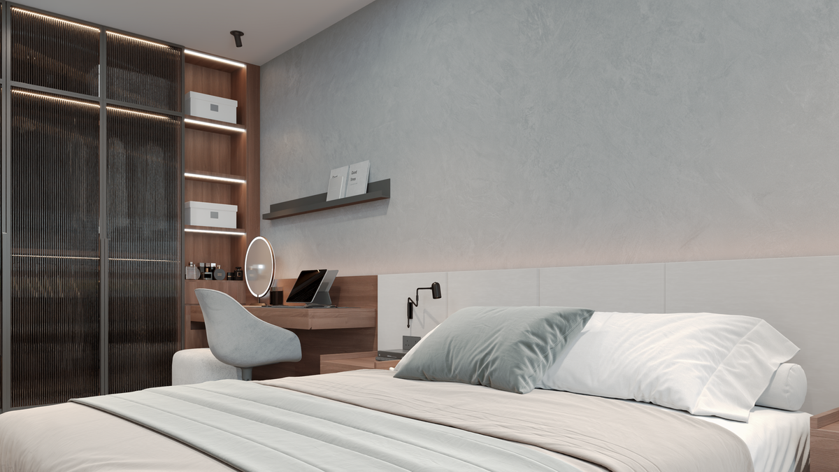 Contemporary bedroom featuring a minimalist desk and elegant decor.