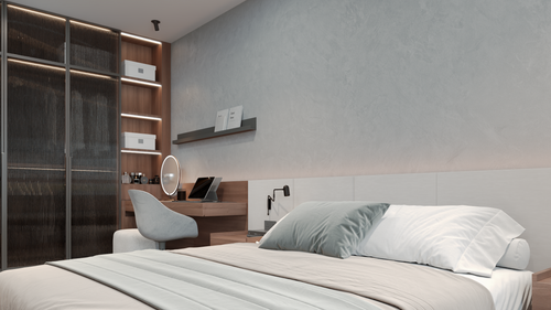 Free Contemporary bedroom featuring a minimalist desk and elegant decor. Stock Photo