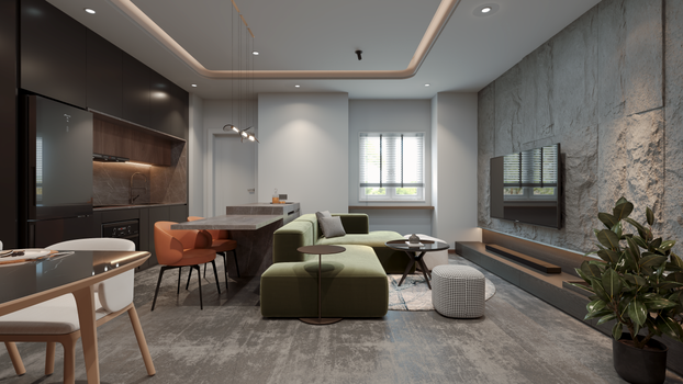 Stylish modern interior featuring a green sofa in a sleek living room with kitchen area.