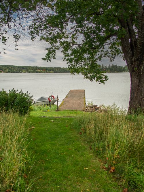 Free Serene view of a lakeside pier surrounded by lush greenery under a cloudy sky. Stock Photo