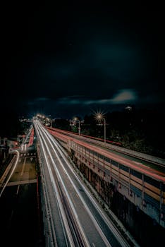 Dynamic long exposure of urban traffic light trails in Taipei, Taiwan at night.