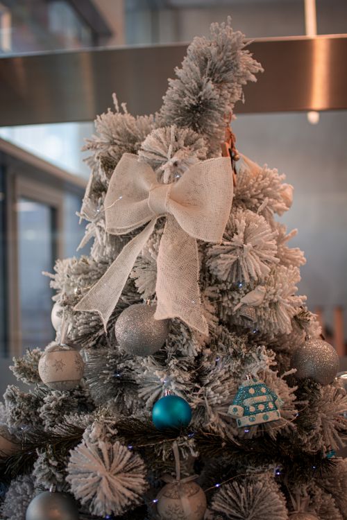 Free Elegant Christmas tree adorned with glittering ornaments, bows, and snowflakes indoors. Stock Photo
