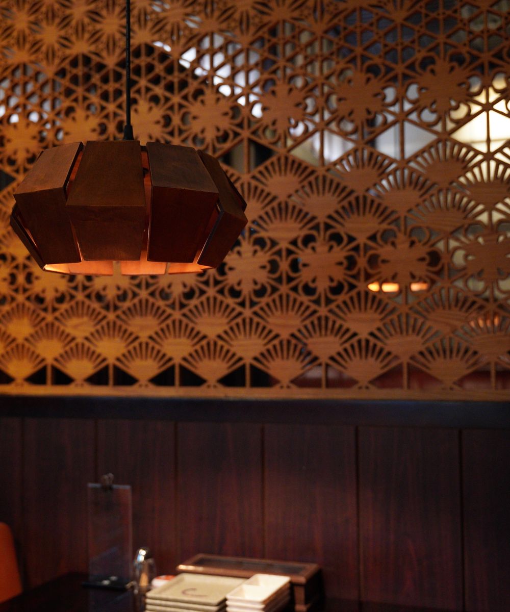 The warm, patterned interior of Ayodhya Restaurant