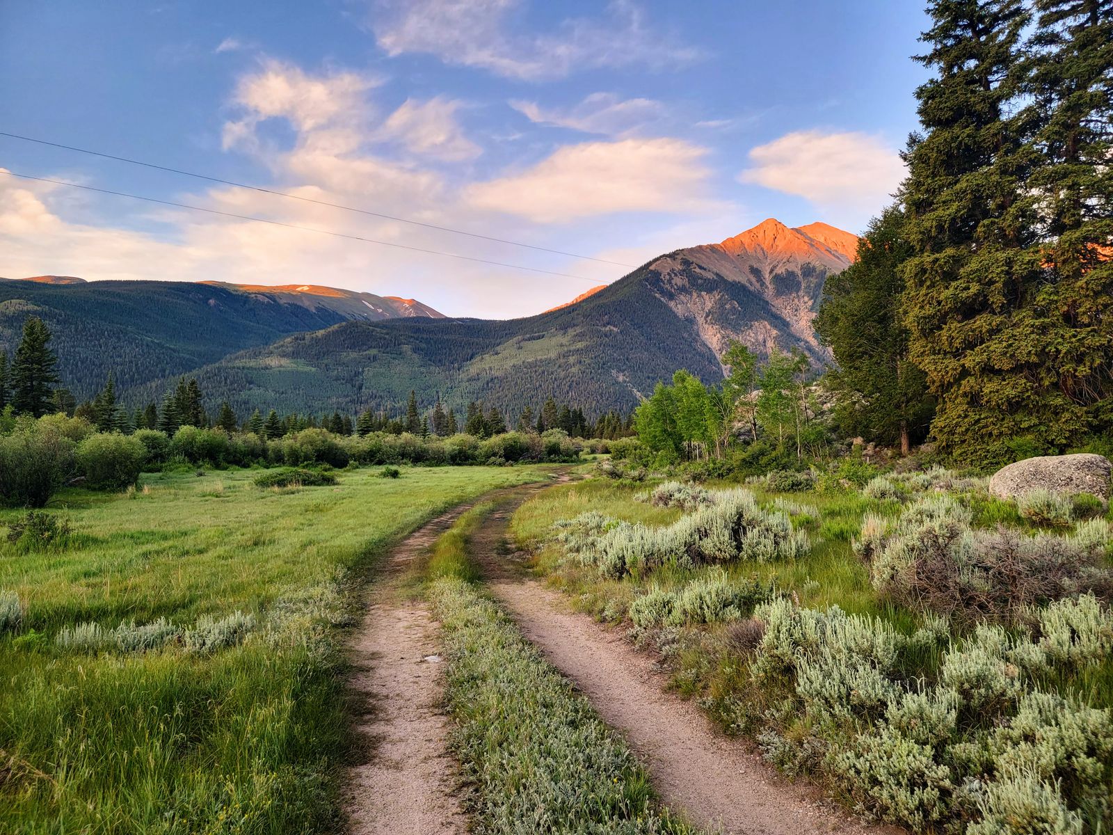 Serene Colorado mountain trail at sunrise with lush green forest and distant peaks