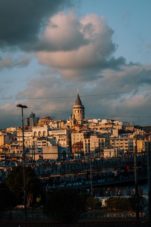 Free Scenic view of the historic Galata Tower in Istanbul during a vibrant sunset. Stock Photo