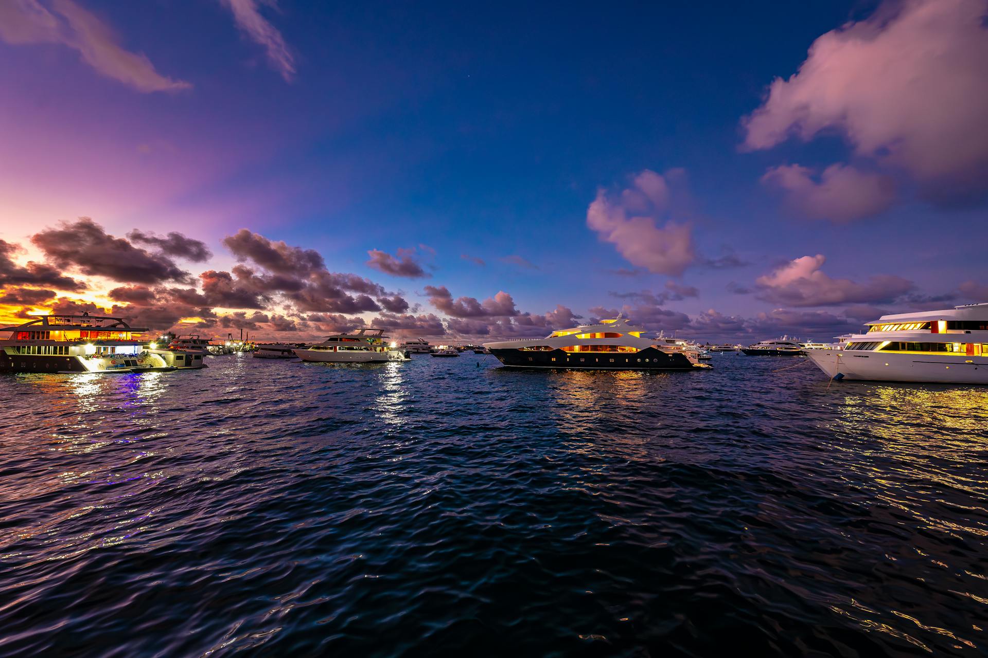 Maldives Yacht Marina at Twilight: A Festive Glow