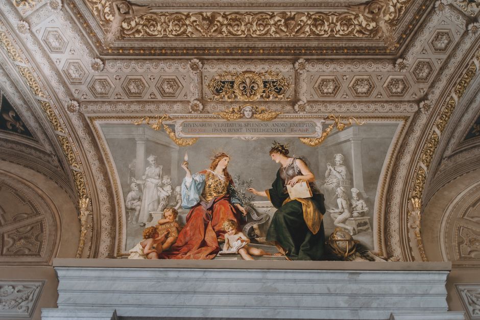 Elegant lobby of a historic hotel in Rome, Italy