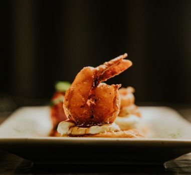 Delicious gourmet fried shrimp served on a saucer with a drizzle of sauce.