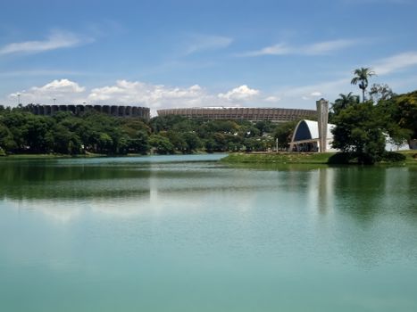 Scenic view of Pampulha Lake with iconic architectural structures in Belo Horizonte, Brazil.