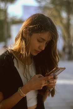 Young woman focused on her smartphone outdoors in natural lighting.