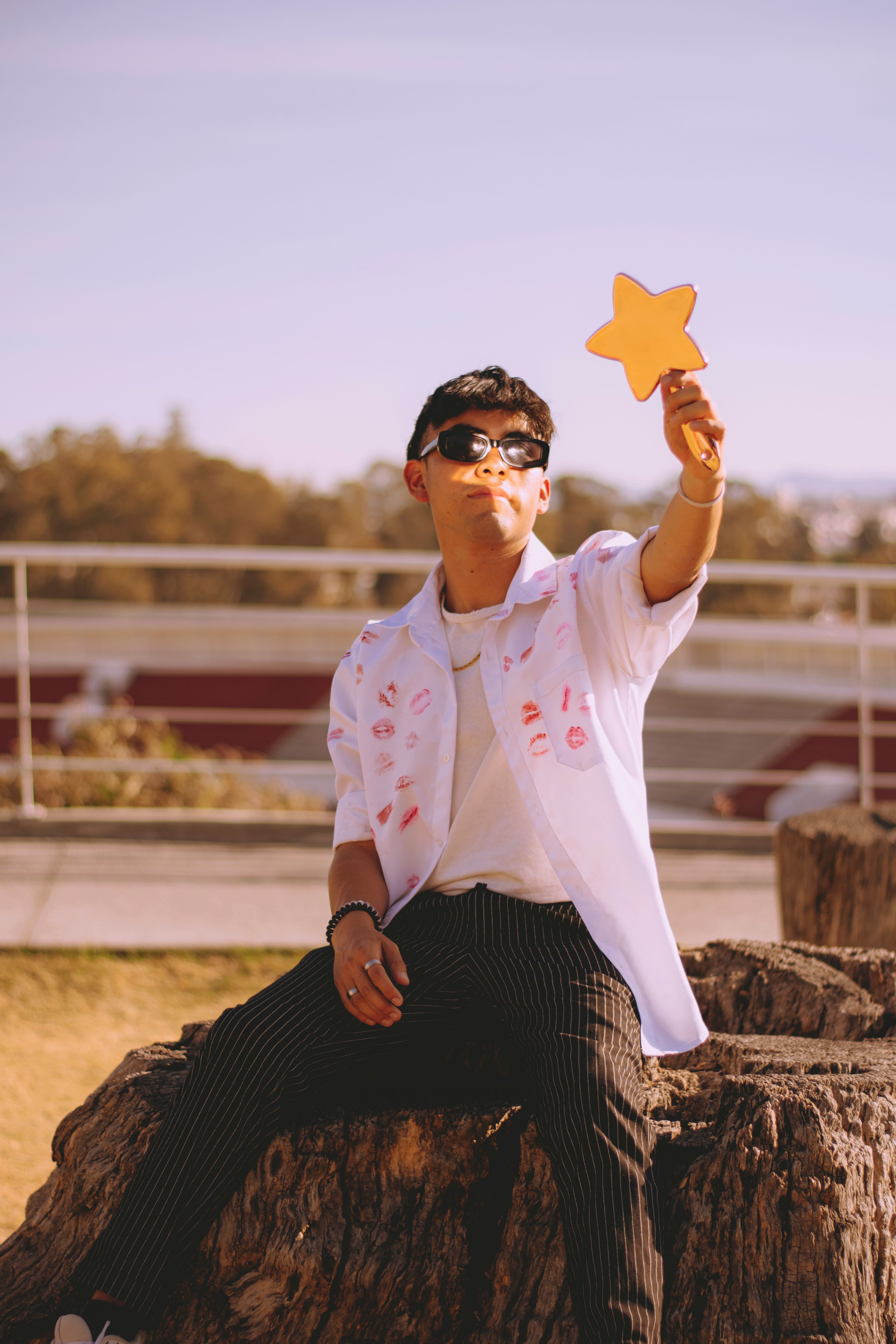 Stylish young man in a park, holding a star cutout on a sunny day, sitting on a tree stump.