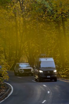 Vehicles traverse a picturesque forest road surrounded by vibrant autumn foliage.