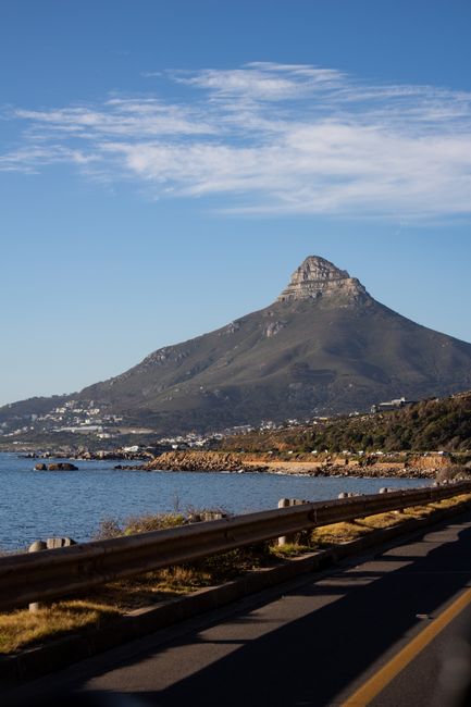 Spectacular view of Lion's Head Mountain overlooking the coastline in Cape Town.