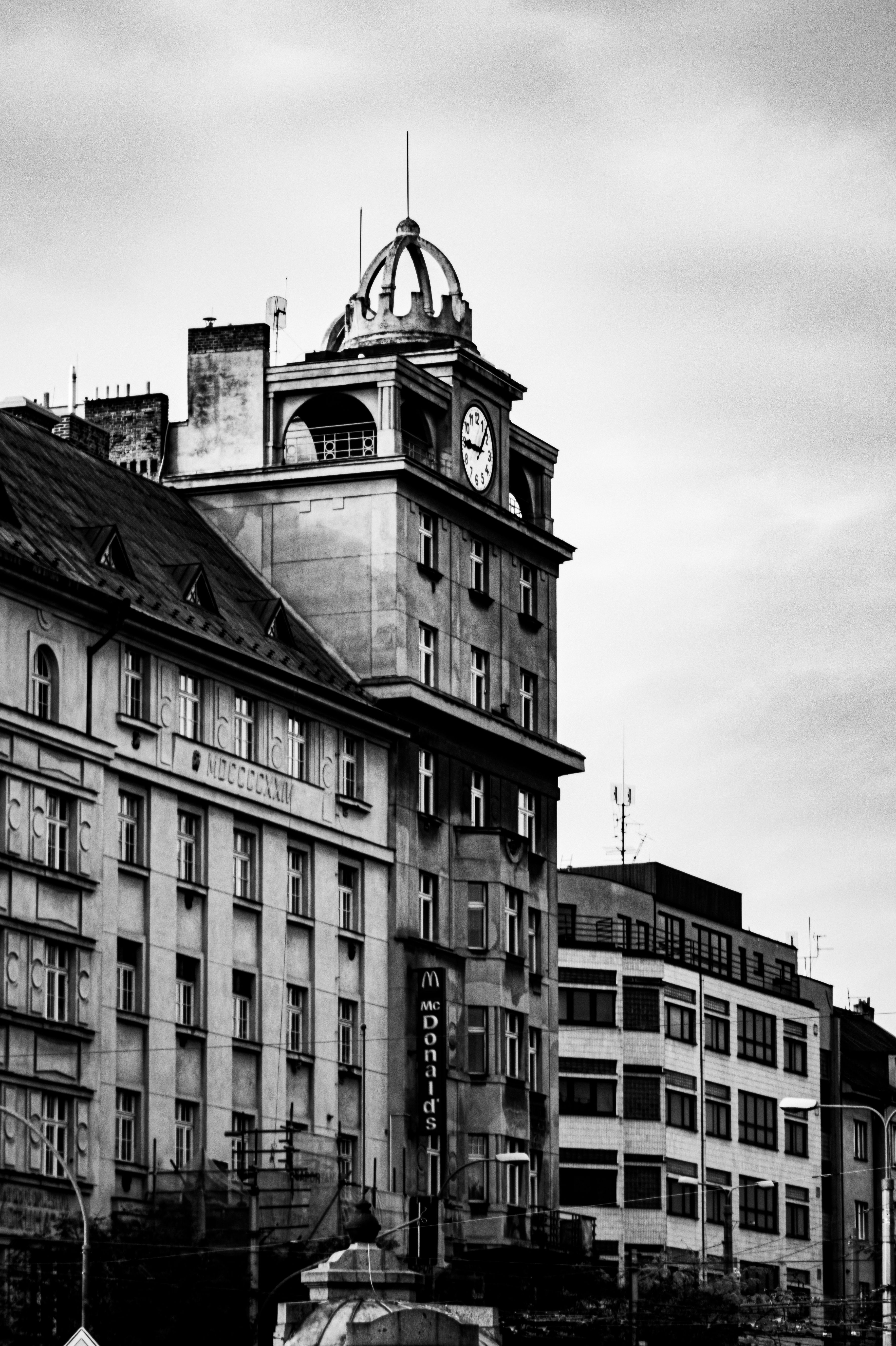 Historic Clock Tower in Plzeň Black and White · Free Stock Photo